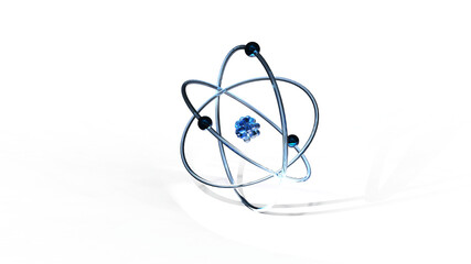 atom model berry like nucleus with electrons in blue with nice translucent floor shadow isolated 3d illustration Rendering - obrazy, fototapety, plakaty