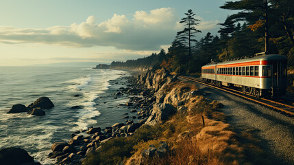 A train traveling along a rocky coast next to the ocean. Generative AI.