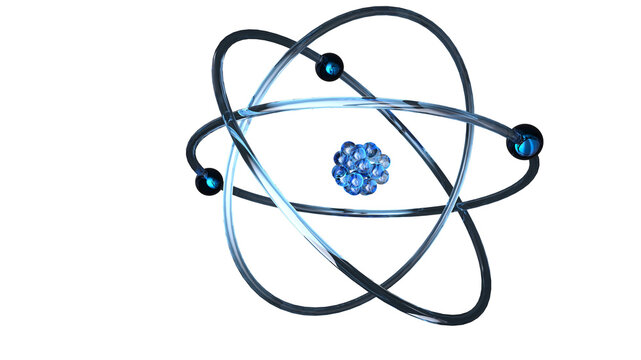 close up of atom model berry like nucleus with electrons in blue with nice translucent floor shadow isolated 3d illustration Rendering