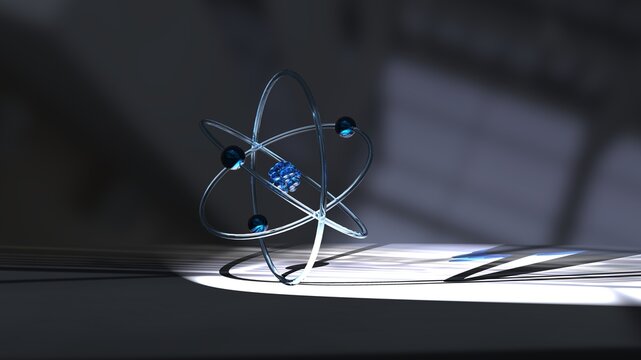 blue atom model nucleus with electrons in spotlight with reflections on the floor 3d illustration Rendering