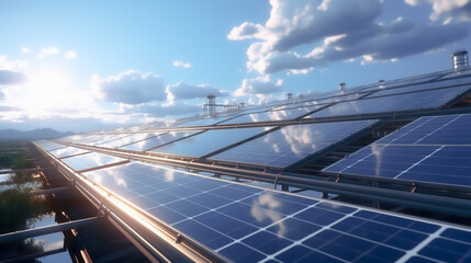 Sustainable solar panels on a sunny day. Generative AI image.