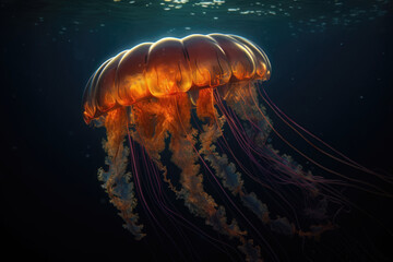 A beautifully colored radiant jellyfish with intricate glowing features. AI generated