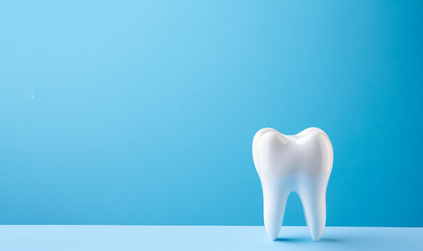 White healthy tooth isolated on blue background with copy space. Dentist,teeth care,dental treatment concept copy space