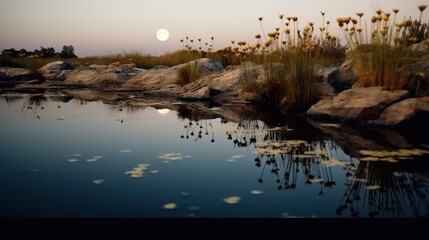 Full moon over the lake. lunar landscape. Generative AI