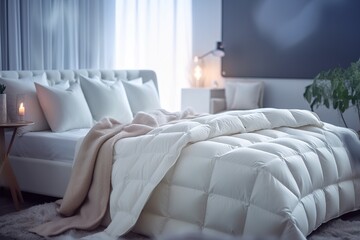 The interior of the room in white toner with a bed, bedside table, table lamp. Generative AI