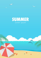 Summer sea and sky A4 size flyer background. Vector illustration of tropical beach with dolphins, sunshade parasol and palm leaves.