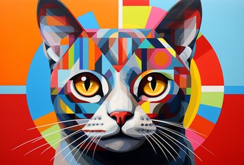 Feline Prism: Futuristic Geometric Abstraction of a Colorful Feline on a Vibrant Background