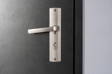 Simple modern metal door handle on a brand new apartment door, front view interior side object...
