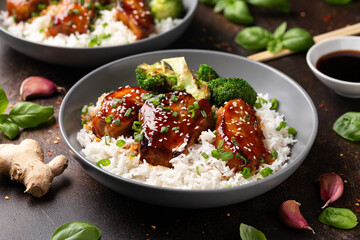 Teriyaki Pork Belly with broccoli, spring onion and rice