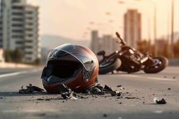 Motorcycle crash road accident with broken motorbike and helmet