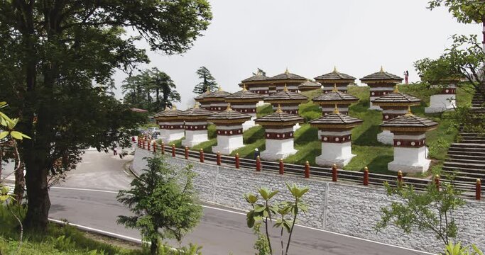 View of memorial chortens or stupas known as Druk Wangyal Chortens at Dochula Pass near Thimphu, Bhutan.
