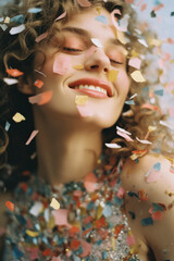 portrait of a woman/model/book character surrounded by colorful confetti with a happy/joyful expression in a fashion/beauty editorial magazine style film photography look  - generative ai art