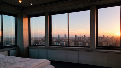sunset over the window, modern room interior with big windows and concrete brown wall