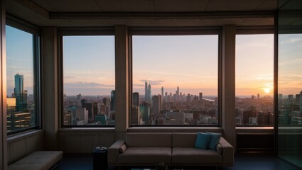 sunset over the window, modern room interior with big windows and concrete brown wall