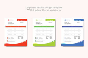 Corporate Business Invoice design vector illustration bill form and price invoice. with 3 color theme.