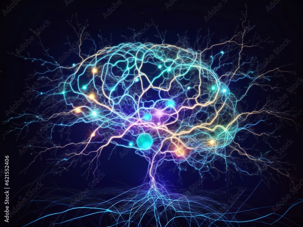 Poster human brain showing intelligent thinking processing. cyber mind concept a neural network of big data