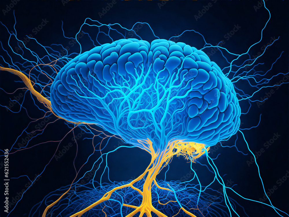 Poster human brain showing intelligent thinking processing. cyber mind concept a neural network of big data