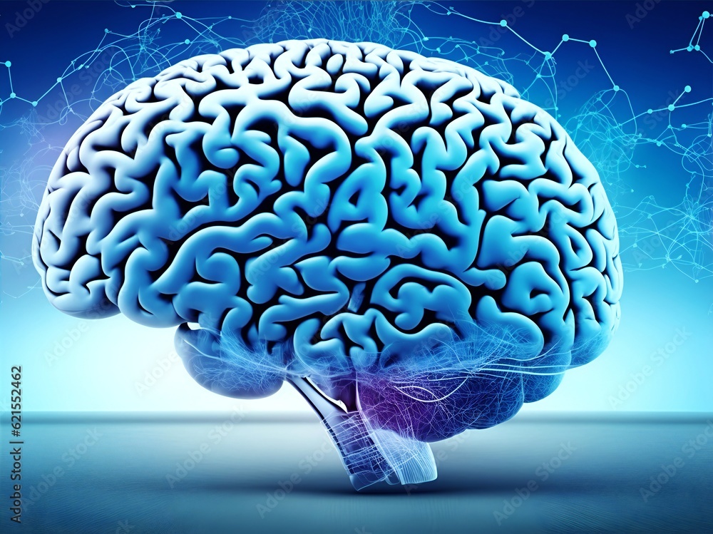 Poster human brain showing intelligent thinking processing. cyber mind concept a neural network of big data