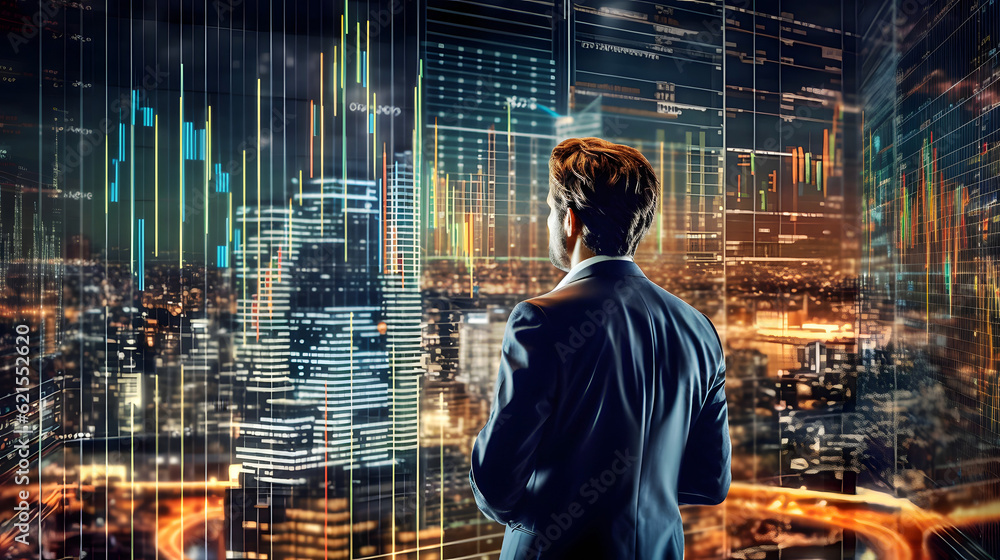 Poster a solitary trader studies stock market graphs on expansive multi monitor workstations, employing mob