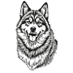 Malamute dog hand drawn logo drawing black and white line art pets illustration sketch drawing