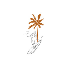 Hand drawn vector abstract simple minimalistic line art graphic drawing tropical surfing icon sign collection set isolated. Summer palm beach modern design concept. Summer palm beach and surf logo. - 621552633