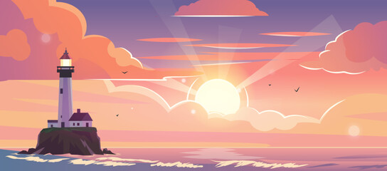 Beautiful vector background with a lighthouse and the sea, the setting sun against the clouds. - 621552842