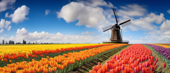 Tulip field landscape in dutch - obrazy, fototapety, plakaty