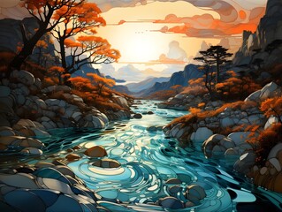 Sunrise on a forest with river and mountains background illustration. AI Generative