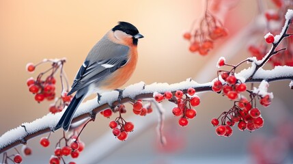 A bird sitting on a branch of a tree covered in snow. Generative AI. Wintertime or Christmas greeting card design.
