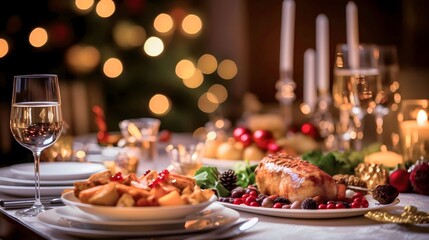 Christmas meal, served on the table with decoration christmas - obrazy, fototapety, plakaty
