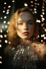 portrait of a woman/model/book character surrounded by fairy lights and shadows in a fashion/beauty editorial magazine style film photography beauty look - generative ai art