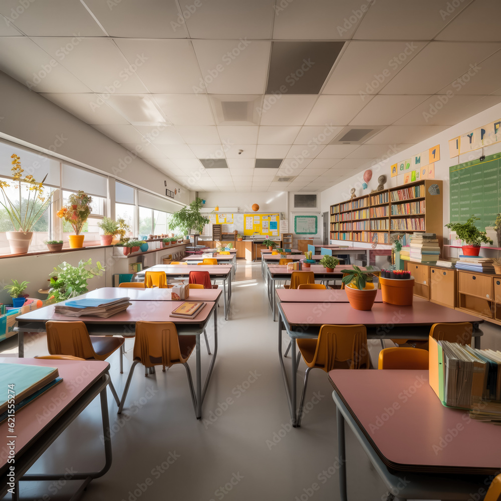 Poster interior of an elementary classroom with rows of empty chairs and tables. selective focus, backgroun
