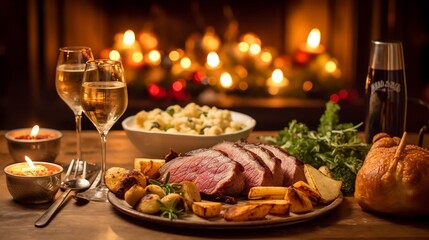 Fototapeta premium Christmas meal, served on the table with decoration christmas
