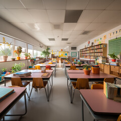 Interior of an elementary classroom with rows of empty chairs and tables. Selective focus, background