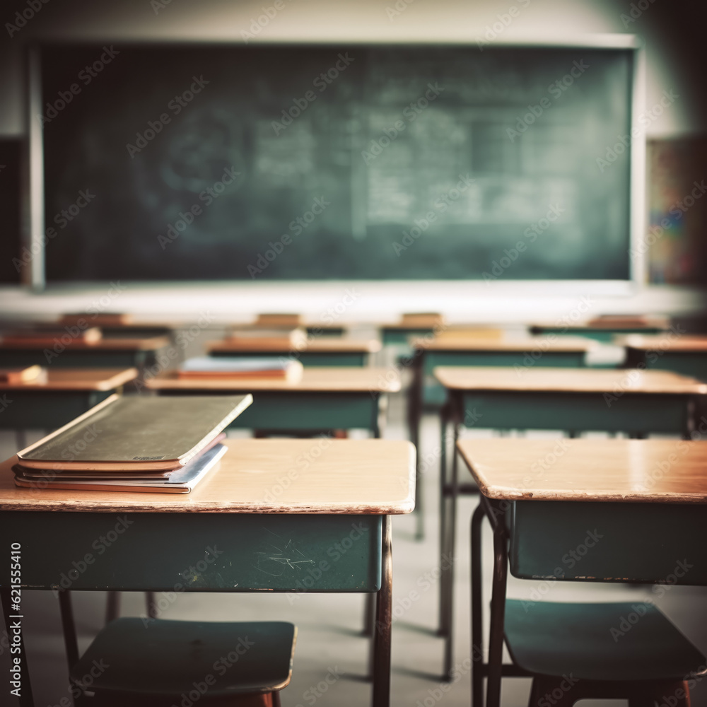 Aufkleber interior of a classroom with rows of empty chairs and tables. selective focus, background