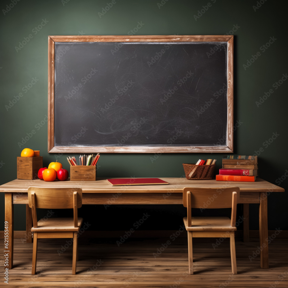 Poster interior of a classroom with rows of empty chairs and tables. selective focus, background