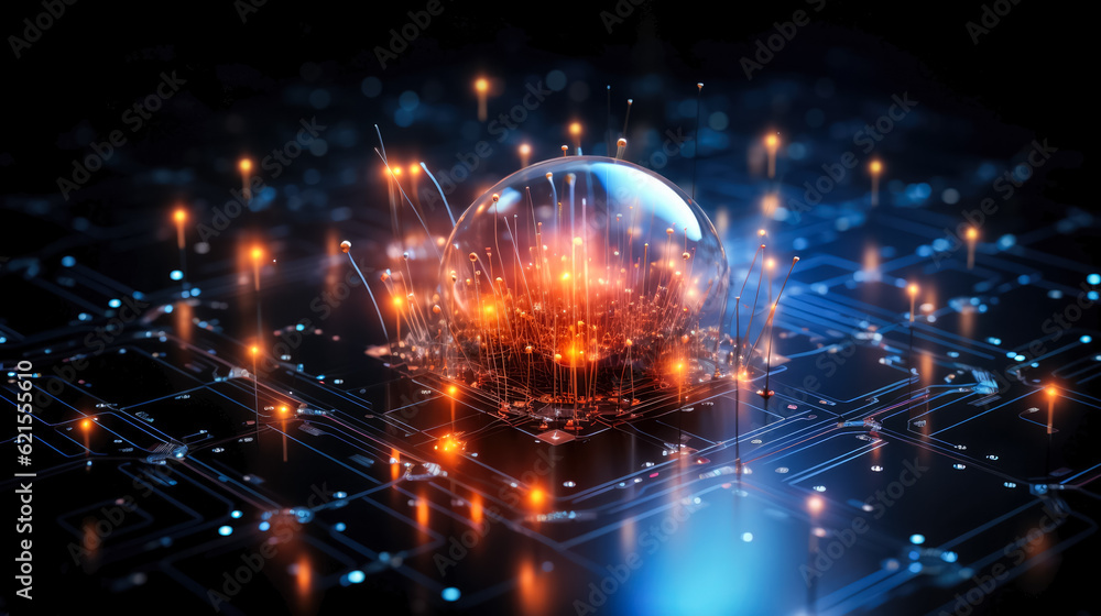 Poster circuit board with microchips and connections, quantum computing background, copy space