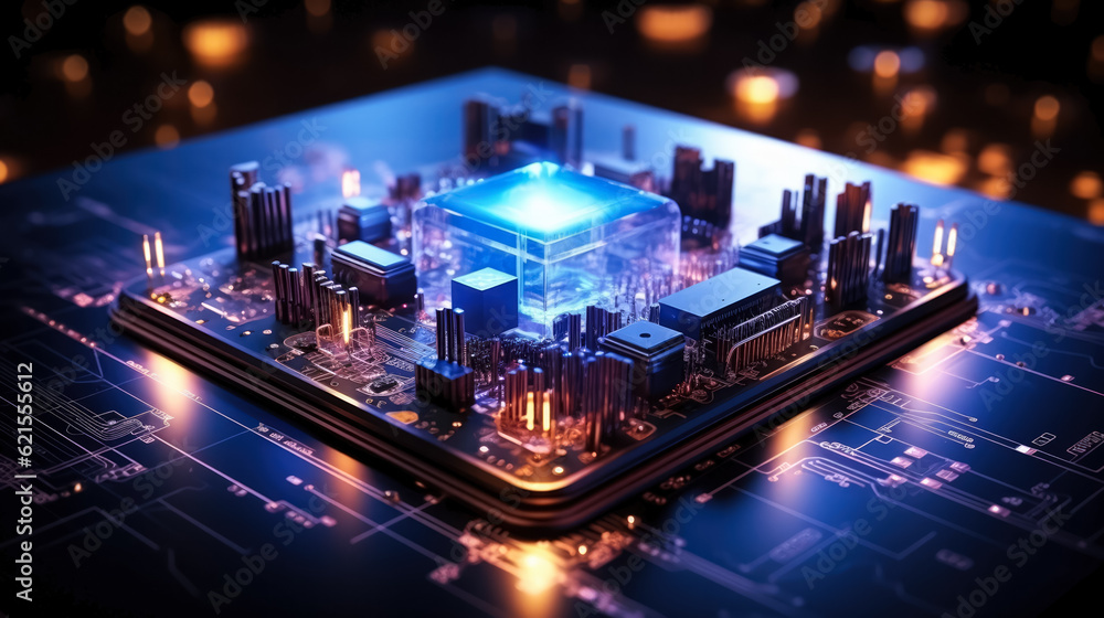 Poster circuit board with microchips and connections, quantum computing background, copy space