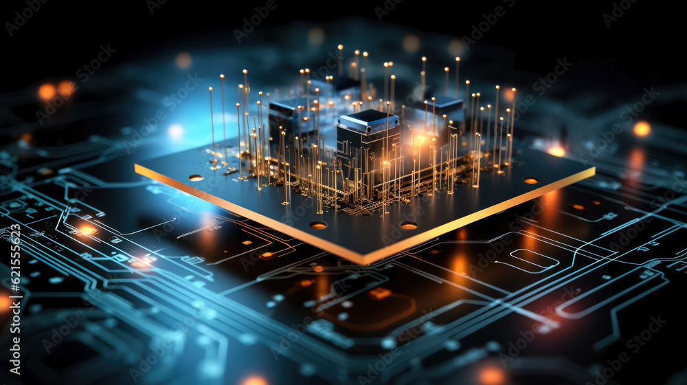 Poster circuit board with microchips and connections, quantum computer background, copy space