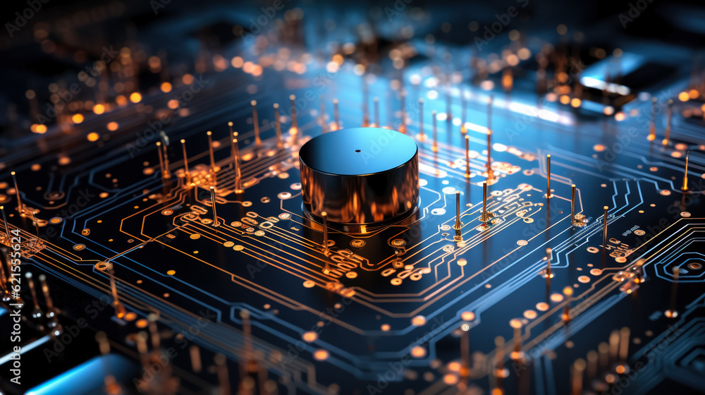 Poster circuit board with microchips and connections, quantum computer background, copy space