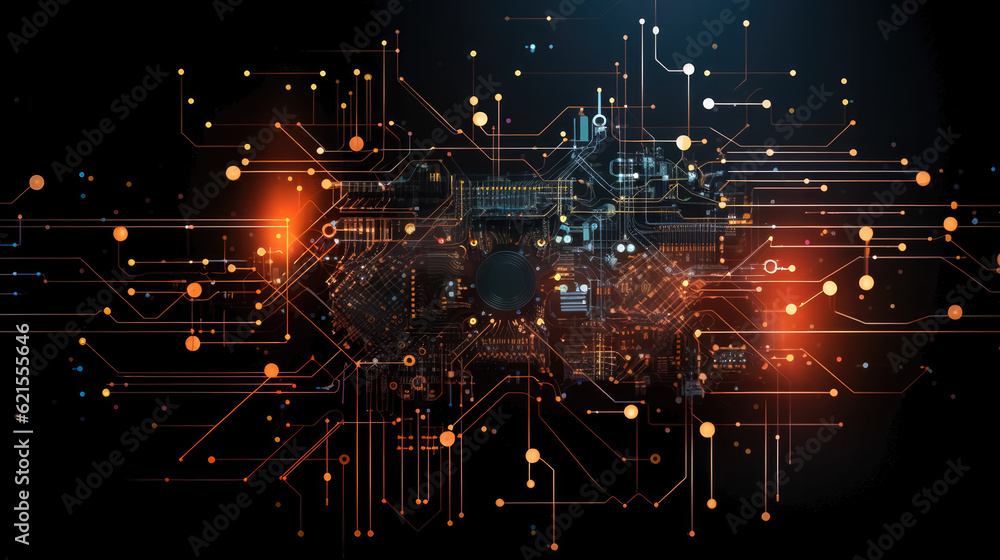 Poster circuit board with microchips and connections, quantum computing background, copy space