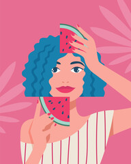Summer time, vacation, sea. Portrait of a woman with two pieces of watermelon and tropical leaves on the background. Vector illustration in a minimalist style