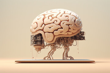 Fototapeta na wymiar Robot AI brain on pastel background. Artificial intelligence, futuristic digital technology human and robot face close up, digital smart world metaverse. AI generated