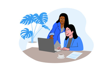 Cartoon Illustration Africa American Women Working Together with Laptop Flat Design Style Collaborative Workflow Concept