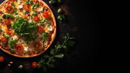 Top view of pizza with mozzarella cheese, cherry tomatoes, onion and parsley on black background. copy space. Generative AI.