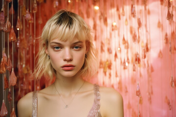 Fototapeta premium portrait of a woman/model/book character in a party setting with glitter elements, a thoughtful/sad expression in a fashion/beauty editorial magazine style film photography look - generative ai art