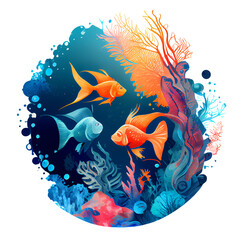 Digital illustration with orange and blue tropical fish and seaweed on round blue background. Aquarium, fishbowl, sea life logo. Round colorful t-shirt print. Illustration generated AI