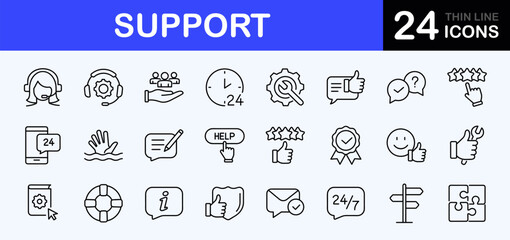 Support web icons set. Support - simple thin line icons collection. Containing helpdesk, online help, quick response, online service, call center, feedback and more. Simple web icons set