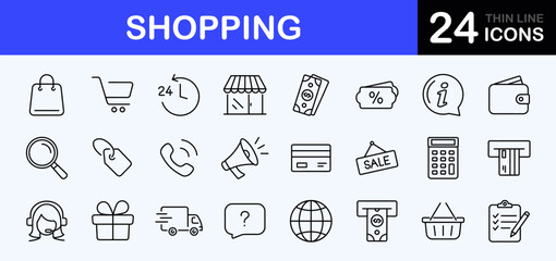 Shopping web icons set. Shop - simple thin line icons collection. Containing money, list products, bank card, bag, terminal, gifts and more. Simple web icons set