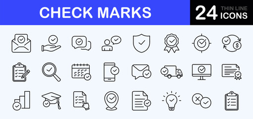 Check marks web icons set. Approved marks sign - simple thin line icons collection. Containing accepted document, quality check, approved, check list, warranty and more. Simple web icons set